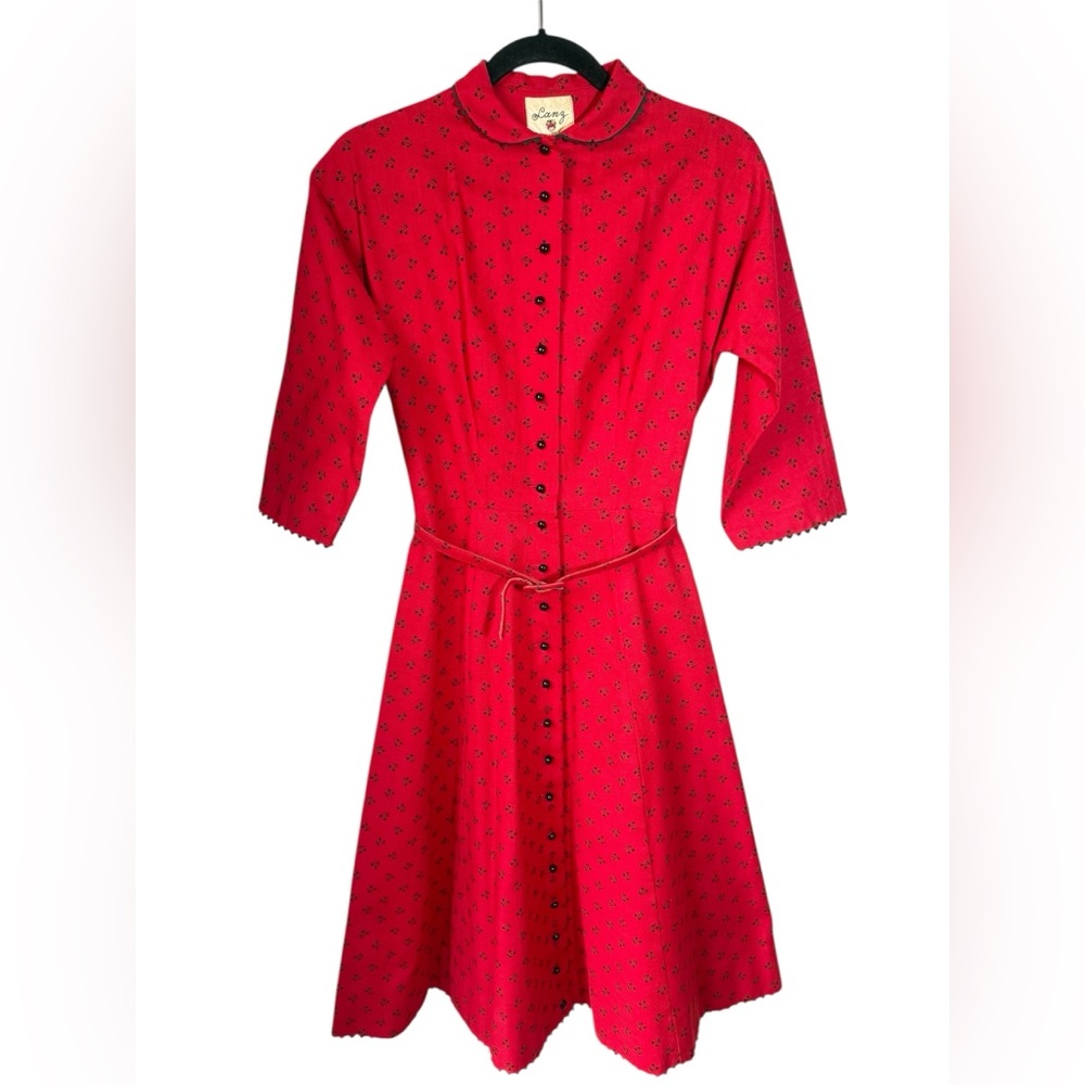 Vintage Lanz Original Red Floral Button Front Dress Size Small 1950s-60s Austria
